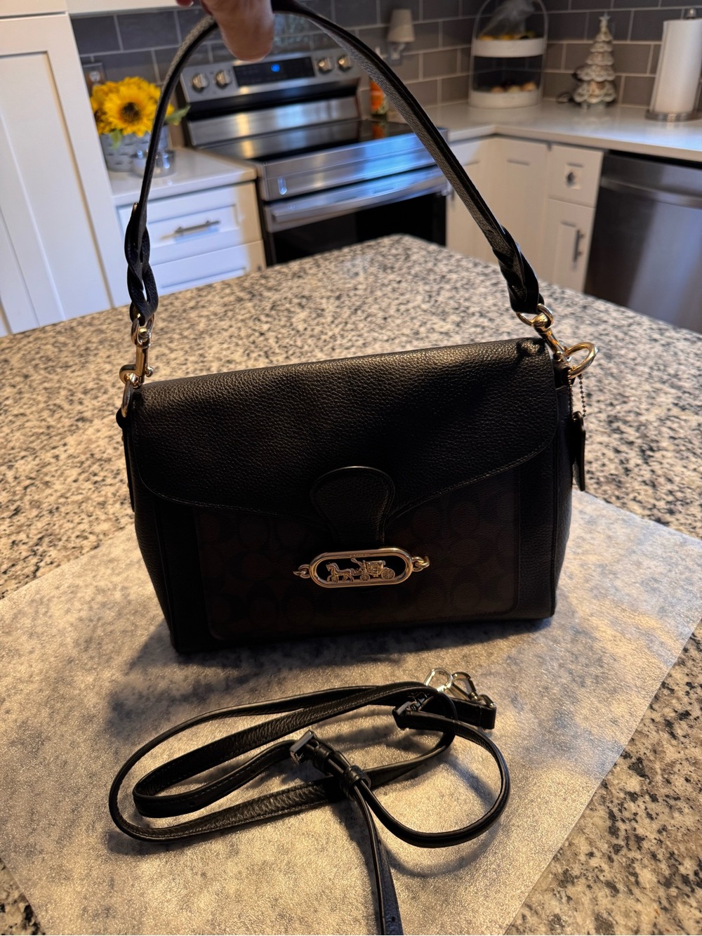 Coach Black and Brown Signature Canvas Shoulder Bag with Gold Hardware